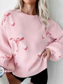 女士情人节休闲蝴蝶图案圆领落肩毛衣，秋冬季，长袖新年上衣粉色