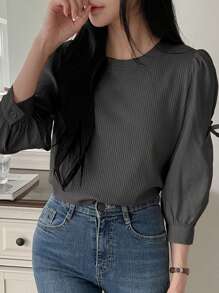 DAZY Women's Solid Color Round Neck Bow Decor 3/4 Sleeve Patchwork Blouse, Spring & Fall,Back To School Clothes Long Sleeve Top - Dark Grey - View 3