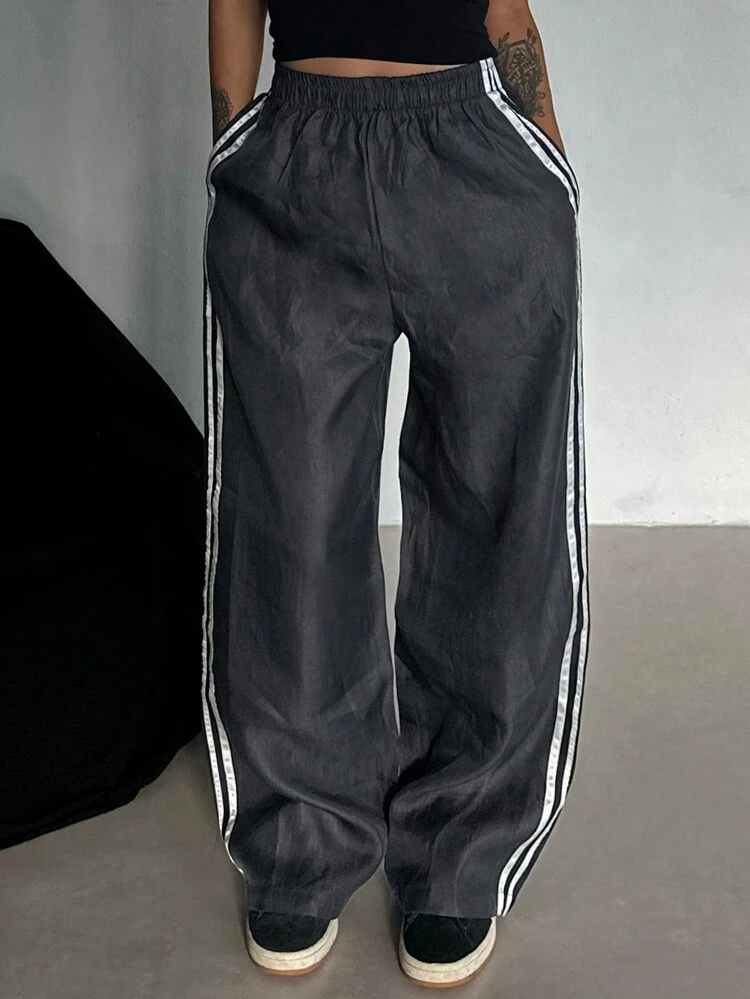 Women's Casual Straight Leg Striped Decorative Pants