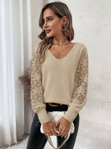 SHEIN Clasi Suéter de manga larga con parches de encaje de unicolor y diseño simple para uso diario en otoño/invierno - Camel - Ver 5