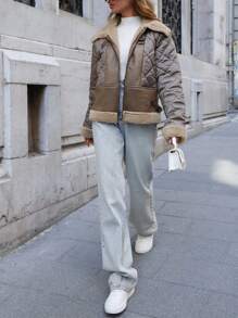 EURMUSE Contrast Patchwork Special Design Winter Coat - Mocha Brown - View 3