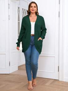 SHEIN Clasi Áo len cardigan dài tay màu trơn cỡ lớn có túi, mùa đông - Màu xanh lá cây đậm - Xem 5