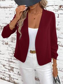 SHEIN Clasi Women's Elegant Pleated Long Sleeve Cardigan Black Jacket In Fall/Winter - Burgundy - View 3