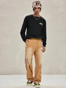 TEENAGE MUTANT NINJA TURTLES | SHEIN Áo thun nam in hình chú rùa hoạt hình và khẩu hiệu, dáng rộng, mùa xuân và thu - màu đen - Xem 3