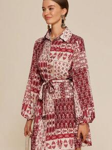 Almamuse Women Allover Print Belted Button Front Long Sleeve Dress