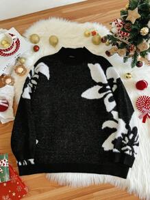 SHEIN Privé Plus Size Elegant Commute & Workplace Sophisticated High-End Venue Refined Afternoon Tea, Slightly Sexy Date, Music Concert & Party Floral Jacquard Long Sleeve Stand Collar Loose Pullover Vintage Academic Style Sweater - Black and White - View 5