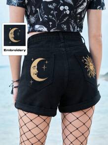 ROMWE Goth Quần short denim túi thêu Sun & Moon, trường học - màu đen - Xem 1