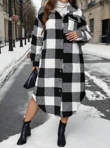 SHEIN LUNE Plus Size Teddy Plaid Print Button Front Long Sleeve Coat, Autumn/Winter Winter Clothes Thermal Hoodies - Black and White - View 8