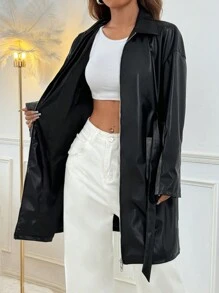 SHEIN EZwear Mantel Berikat dengan Panel Kontras Kulit Imitasi Hitam - Hitam - View 7