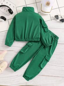 SHEIN 2pcs Young Girl Fashion Knit Sporty Set, Autumn New Casual Fitted Tracksuit - Dark Green - View 2