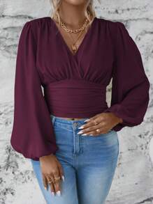 Franclia Blusa de manga larga con cuello en V en unicolor, drapeado y retorcido para tallas grandes