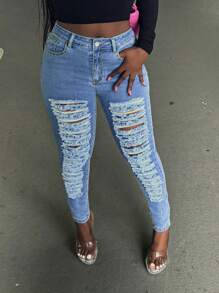 Women's Solid Color Casual Fashionable Ripped Stretch Skinny Jeans - 淺色水洗藍 - 查看 6