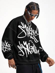 Manfinity VCAY Men's Loose Fit Round Neck Long Sleeve Letter Print Knit Sweatshirt, For Fall Winter - Black - View 3