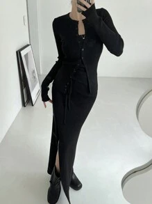 DAZY 2pcs Women Plain Button-Front Long Sleeve Sweater And Skirt Set