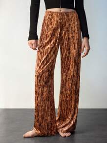 Maija Pantalones de pierna recta de terciopelo para mujer con cintura con cordón, diseño de pierna ancha suelta, otoño e invierno - Café integral - Ver 5