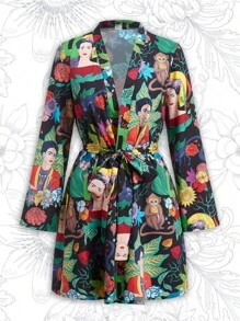 Frida Kahlo X SHEIN Fall And Winter Black Loose Plant & Figure Graphic Surrealism Dress, Fall - Black - View 3