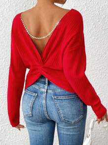 SHEIN Clasi Women's Red Faux Pearl Chain Neck Twist Back Knitted Long Sleeve Sweater,Long Sleeve Tops In Fall/Winter - Red - View 5