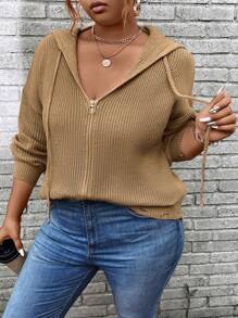 Calvaya Plus Size Women's Solid Color Simple Casual Hooded Cardigan - Khaki - View 3