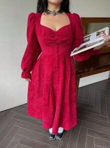 SHEIN Clasi 大码优雅红酒中长连衣裙，高腰，灯笼袖，纽扣细节，褶皱领和厚灯芯绒面料，适合秋冬季派对、会议、约会 - 酒紅色 - 查看 5