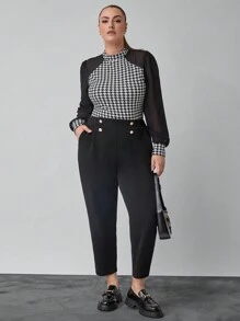 SHEIN Clasi Blusa elegante con cuello alto de pata de gallo en patchwork, talla grande, para mujer, estilo negocios casual de otoño e invierno