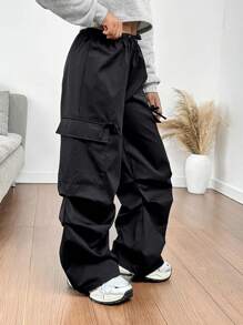 SHEIN Pantalones holgados informales de carga de estilo llamativo con bolsillos de cinta de contraste de color para niñas preadolescentes