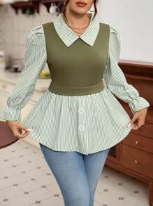 SHEIN LUNE 大码女式春秋条纹翻领长袖荷叶边下摆二合一上衣 - 軍綠色 - 查看 1