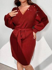 Celure Plus Size Elegant Beaded Batwing Sleeve Sweater Dress, Spring & Autumn, Winter