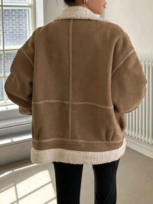 Dazy-Less Top-Stitching Drop Shoulder Teddy Lined Suedette Jacket,Ladies Winter Casual Pocket,Zipper Drop Shoulder Oversized Camel Plain Women Jackets,Winter Warmth/ Winter Fashion,Thermal Lined