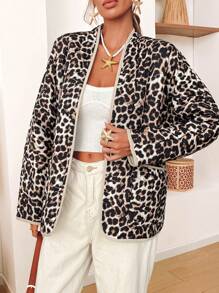 SHEIN VCAY Women's Leopard Print Pocket Long Sleeve Padded Coat, Winter,Halloween Costumes Adults,Thanksgiving Women Outfit,Fall Women Outfits,Long Sleeve,Leopard Jacket,Leopard Costume,Winter Women Coat,Winter Women Dress