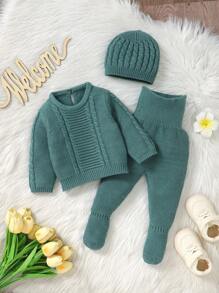 SHEIN 2pcs/Set Unisex Newborn Infants Solid Blue Casual Fashion Cute Soft Korean Style Long Sleeve Sweater And Pants Outfit For Everyday Wear, Suitable For Autumn/Winter - Green - View 3