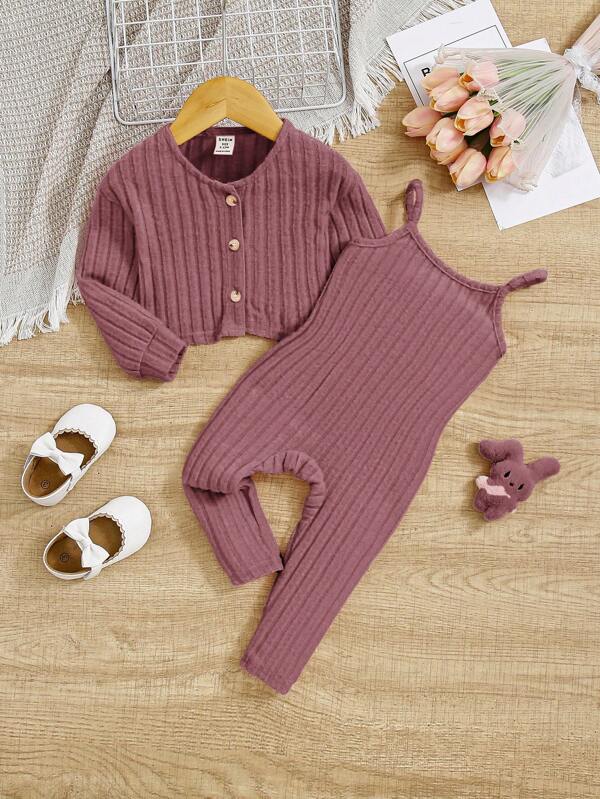 SHEIN 2pcs Baby Girl Casual Knitted Pink Suspender Jumpsuit And Cardigan Set