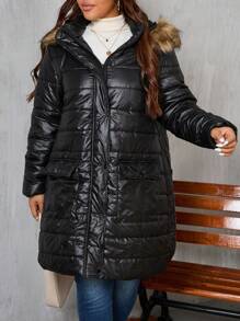SHEIN LUNE Plus Size Winter Clothes Casual Zip-Up Hooded Padded Padded Coat With Dual Pockets And Fluffy Trim - Black - View 5
