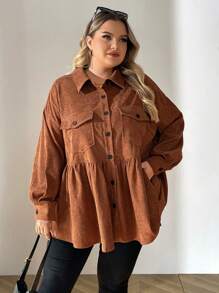 SHEIN CURVE+ Plus Size Stand Collar Color Block Button Dual Pockets Corduroy Ruffle Hem Dolly Casual Holiday Long Sleeve Blouse, Fall Top Clothes