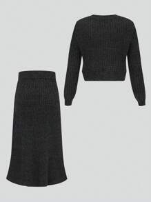 Tween Girls 灰色纹理下摆套头衫搭配 A 字形针织裙，展现简约优雅风格 - 灰色 - 查看 2