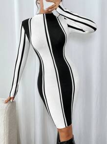 SHEIN Clasi Váy len cổ bẻ họa tiết sọc cho nữ công sở thường ngày, trang phục công sở, váy dự tiệc cưới mùa thu, - Đen và trắng - Xem 5