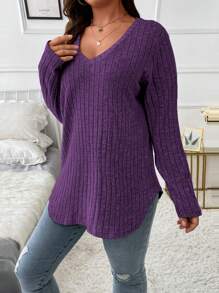 Plus Size Plain V-Neck Ribbed Long Sleeve T-Shirt Fall Cloth For Women - Purple - View 8