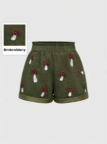 ROMWE Fairycore Plus Size Summer Vintage Mori Style Cute Mushroom Embroidered Loose Fit A-Line Shorts - Army Green - View 1