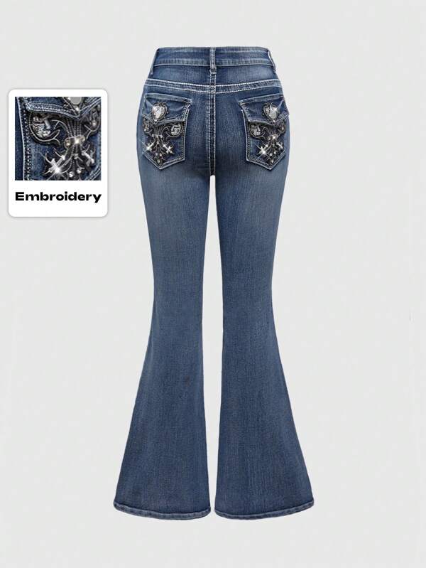 ROMWE Grunge Punk Subculture Retro High-Rise Cross-Stitched Slim Fit Women's Flared Jeans, Super Washed, School