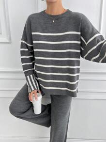 EURMUSE Women Stripe Pattern Round Neck Drop Shoulder Pullover & Sweater Pants Set - Grey - View 5