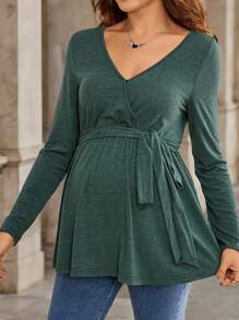 SHEIN Top para maternidad de manga larga de punto de unicolor - verde - Verde - Ver 3