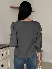 DAZY Women's Solid Color Round Neck Bow Decor 3/4 Sleeve Patchwork Blouse, Spring & Fall,Back To School Clothes Long Sleeve Top - Dark Grey - View 4