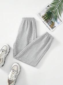 SHEIN Tween Girls' Solid Color Knit Jogger Pants, Streetwear Style - Light Grey - View 6