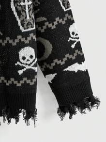 ROMWE Christmas Oversized Bat & Skeleton Gothic Pattern Women Sweater - Black and White - View 3
