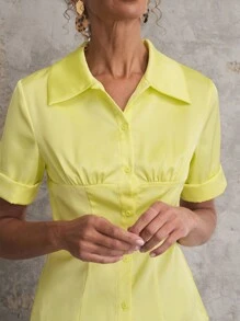 SHEIN Unity بلوزة نسائية بأكمام قصيرة وملون أحادي اللون وبثنيات رسمية صيفية - أصفر - مشاهدة 6