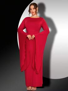 SHEIN Clasi Plus Size Elegant Extra Long Bell Sleeve Cinched Waist Solid Color Dress - Red - View 4