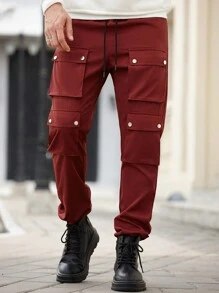 Manfinity CasualCool Men's Casual Solid Cargo Pants With Front Drawstring & Multiple Pockets