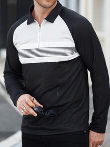 Manfinity Homme 男式拉链长袖拼色条纹设计商务休闲 Polo 衫 - 彩色 - 查看 6