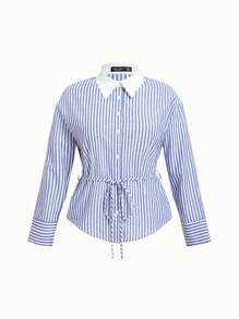SHEIN MOD 大码条纹复古系带衬衫 - 藍白色 - 查看 1