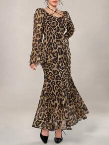 Modelyn Women's Long Sleeve Halter Leopard Print Dress, Casual Daily Wear Maxi Women Outfit Long Evening Dresses Fall Cloth For Women - Brown - View 7