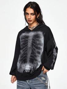 ROMWE Grunge Punk Casual Streetwear Esthetische Film Skeleton X-Ray Grafische Oversized Drop Schouder Dames Hoodie